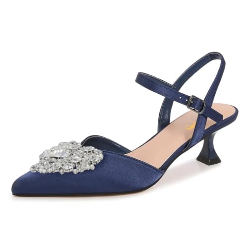 XYD Women Elegant Pointed Toe Pumps Heart-Shaped Crystal Low Heel Classic Ankle Strap Kitten Sandals Dating Party Shoes