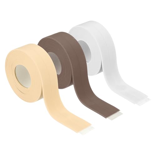 sourcing map 3 rollos de cinta de calafateo impermeable autoadhesiva, tira selladora para baño, bañera, inodoro, cocina, encimera, suelo, protector de bordes de pared, blanco, beige, marrón, 3 x 35