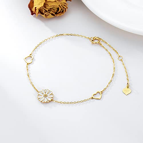 Sisgem 14K Real Gold Flower Bracelet For Women Girls,Yellow Gold Exquisite Lotus Pearl Bracelet/Daisy Heart Bracelet/Sunflower Bracelet Anklet Anniversary Birthday Gifts For Her 6.5''+1''+1'' (Daisy) #TOP3
