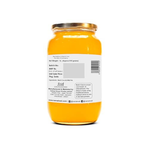 Namakwali A2 Badri Cow Ghee 1000ml | Traditional Vedic Bilona Method | Curd-Churned & Cultured | Grassfed, Pure, Natural & Danedar | Lactose-Free, Gluten-Free | 100% Natural & Lab-Tested | Certified Traditional Gaye ka Ghee