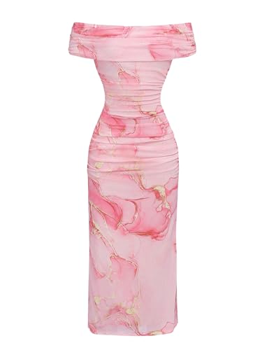 WDIRARA Girl's Tie Dye Ruched Mesh Maxi Dress Off Shoulder Sleeveless Split Long Dresses