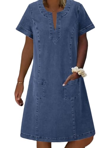 CHARTOU Women Denim Dress Short Sleeve Mini Jean Dress Jumper Babydoll Summer Shift Dress