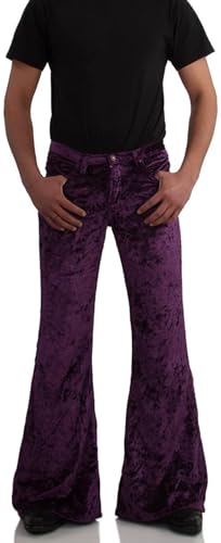 Image of Men's Velvet Relaxed Vintage 60s 70s Bell Bottom Stretch Fit Classic Comfort Flared Flares Retro Leg Disco Pants
