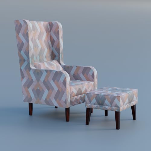 Image of Custom Decor Wooden Wing Chair with Ottoman Stool | Wingback for Living Room | One Seater Sofa | High Density Foam | Accent Chair for Seating and Home Decor Furniture | (Twilight Prism, with Ottoman)
