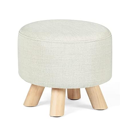 Edeco Modern Round Ottoman Foot Rest Stool/Seat with Linen Fabric and Non-Skid Wooden Legs (Beige) Cover