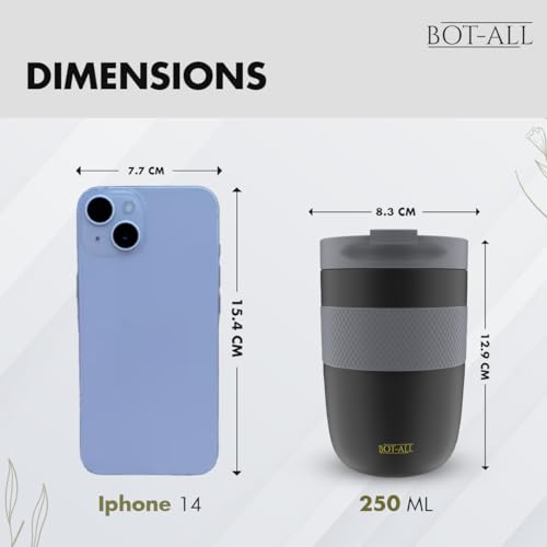 Image of BOT-All Grip Cup Made with Double Wall 304 Stainless Steel, Premium Cup with Silicone Grip, Powder Coating Finish, Keeps Drinks Hot /Cold for 8 /10 Hours, Car Cup Holder Friendly (Black - 250ml)