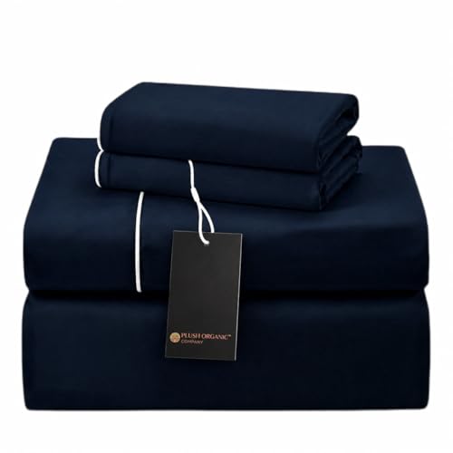 Image of Queen Luxury 4 Piece Bedsheet Set, Navy with White Piping, Cooling Resort Bedding, Deep Pockets, Ultra Soft, Viscose derived from Bamboo, Organically Grown, 300 Thread Count