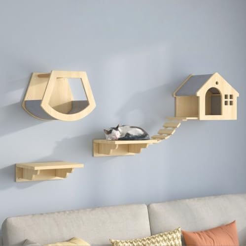 TIMDU キャットウォーク 壁タワー、DIY 壁掛け猫クライミングフレーム、天然木製、猫用壁家具 猫棚 猫ハウス 、猫の遊び場、睡眠、くつろぎに 組み立て お手入れ簡単 (木の色,パッケージ1)