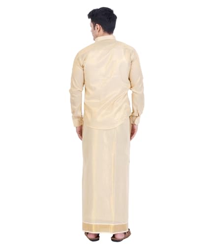 Fashily Men's Traditional Indian Shirt and Dhoti Set, Full Sleeves Tissue Silk Cotton Shirt With Dhoti 2 metres for men
