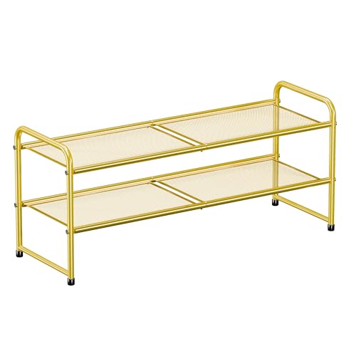 Image of 2 Tier Shoe Storage Rack with Steel Mesh Shelves for Entryway,Gold