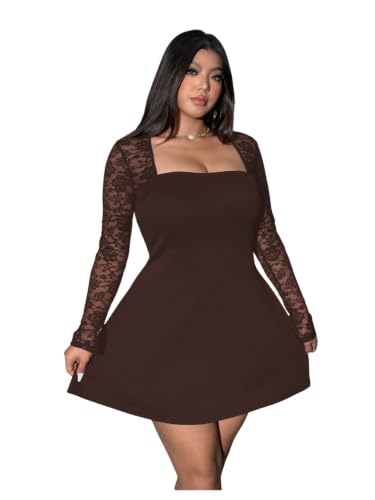 Image of Floerns Women's Plus Size Lace Sheer Long Sleeve Square Neck Mini Dresses