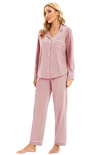 Image of LUBOT Women's Pajamas Set Cotton PJ Set for Women Long Sleeve Button-Down Shirt PJ Pants Two-piece Set Warm Night Suit Sleepwear Loungewear (Ash Pink, L)