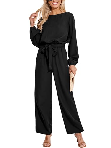 CUPSHE Damen Jumpsuit Bootskragen Langarm Overall Schlitz Hinten Weite Beine Playsuit mit Gürtel Elegant Hosenanzug Schw...