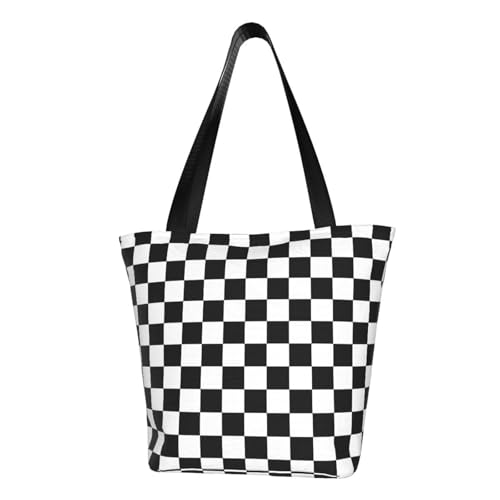 Check Black White Checkered Pattern Checkerboard Reusable Zippered Shoulder Bag, Stylish Polyester Tote With Wide Handle & Inner Pocket, Lightweight Durable Shopping & Travel Bag