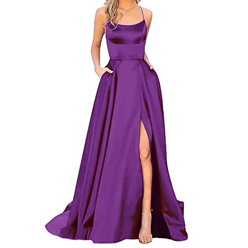 Genérico Vestidos de Noche Elegantes con Bolsillos para Mujer Vestido Largo Elegante sin Espalda Descubierta Vestido Largo de Satén Vestidos Graduación (1 D Purple, L)