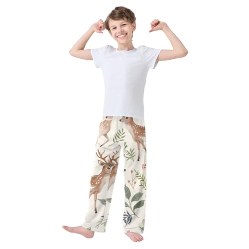 ZZXXB Deer and Flowers Boys Long Pants Soft Trousers Elastic Waist Kids Lounge Bottoms with Pockets S-XL2