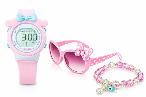 ALNA-TURA Gifts for Kids Girls | Combo Pack of 3 Stylish Digital Watch, Cute Pink Sunglasses and Crystal Bracelet | Pink Birthday Return Gift Set for Girls and Baby Children | for Age 3 to 12 Years