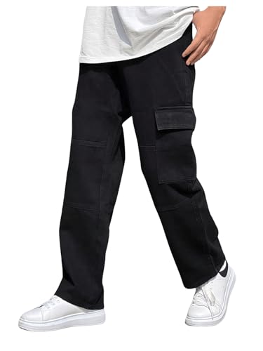 OYOANGLE Men's Flap Pocket Side Cargo Jeans Straight Leg Casual Denim Pants