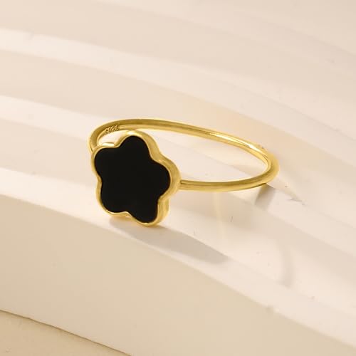 XAYAH Dainty Lucky Leaf Flower Ring for Women 925 Sterling Silver Black Onyx Halo Ring 14K Gold Plating Stackable Ring Creative Ring to Daughter Mom Wedding Season Jewelry Gift for Her Size 6-92