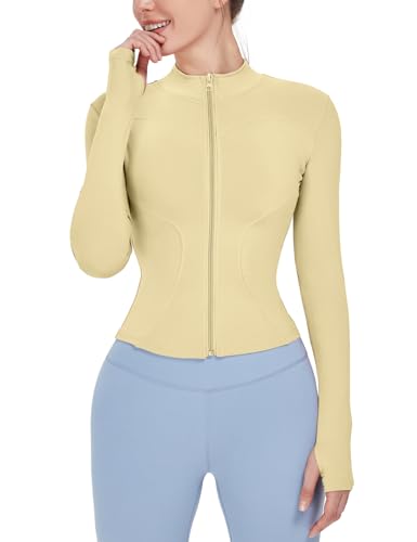 Locachy Women's Lightweight Stretchy Workout Full Zip Running Track Jacket with Thumb Holes Yellow S