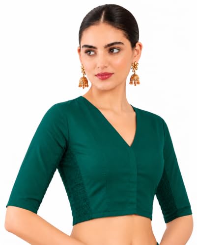 Image of Pujia Mills Women's Taffeta Silk V Neck Smocked Stretchable Readymade Saree Blouse for Women Stylish