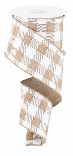 Image of Tan Plaid Wired Edge Ribbon - 2 1 /2 Inch x 10 Yards, Buffalo Plaid, Christmas, Winter Decor, Birthday, Wedding Decoration, Boxing Day, Labor Day
