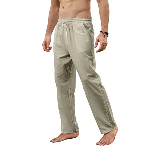 MorwenVeo Men's Linen Pants Casual Long Pants - Loose Lightweight Drawstring Yoga Beach Trousers Casual Trousers - 6 Colors