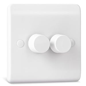 Dimmer Light Switch, Double Wall Dimmer Switch for LED, Halogen & Incandescent Bulbs, Trailing Edge Technology 2 Gang, 1 Way/2 Way Rotary Switch, 3-150 Watts, White