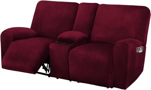 Reclining Love Seat With Middle Console Slipcover, 8-Piece Velvet Stretch Sofa Covers, 2 Seat Recliner Cover, Thick, Soft, Washable (Burgundy - Wine)