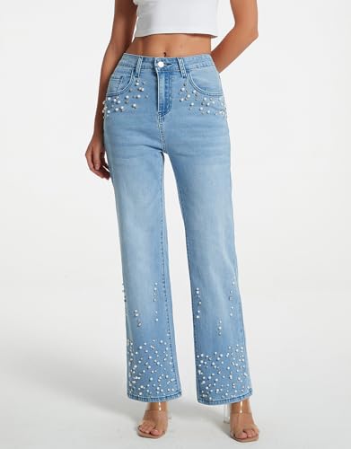 Kedera Womens High Waisted Rhinestone Jeans Casual Straight Wide Leg Bling Sparkly Pants Diamond Denim Jean Trousers4