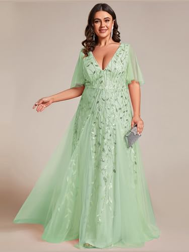 Image of Ever-Pretty Women's Sequin V Neck Plus Size Formal Dresses Evening Gown | Short Sleeve, A-Line, Empire Waist, Plus Size Mother of the Bride Dresses, Plus Size Gala Dress