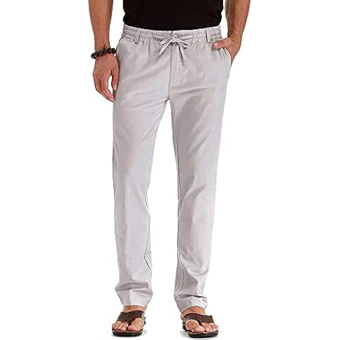 RONGKAI Men's Linen Cotton Pants Casual Lightweight Pants for Summer Beach Jogger Trousers, Grey, 3X-Large Cover