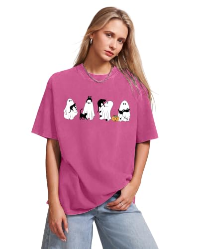 Aiyino Womens Halloween Ghost Cat Vintage Washed Graphic Tee Pink L - image 2