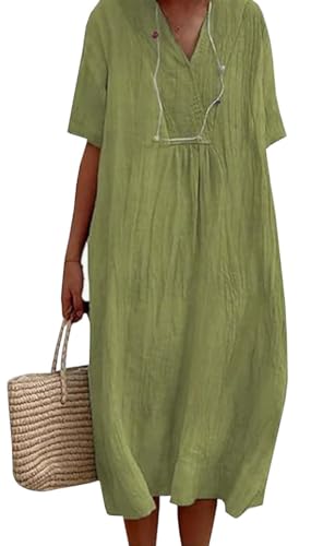 Image of LOVESHOOT Size 3XL Summer Dresses for Women 2025 Casual Short Sleeve Baggy Loose Smock Tunic Knee Length Midi Dress Boho Shift Tie Dye Beach Vacation Dress with Pockets Grass Green
