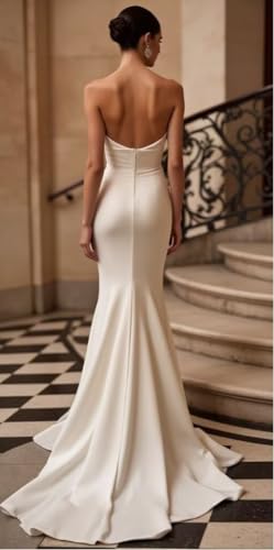 Strapless Satin Wedding Dresses for Bride Long Mermaid Slit Lace Beach Boho Bride Gowns with Train3