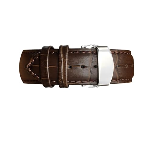 Bracelet de montre en cuir véritable 24mm marron INEOUT avec boucle papillon argentée pour T035
