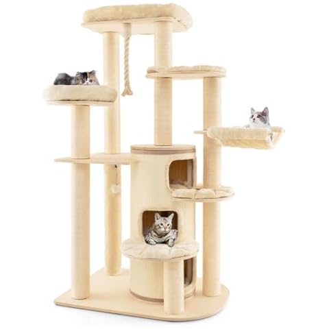 PETSITE Tall Cat Tree, 67 Inches Wooden Multi-Level Cat Tower with 3-Story Cat Condo, 2 Perches, Scratching Posts, Platforms, Sleeping Bed, Spring Ball, Hanging Rope (Beige) Cover