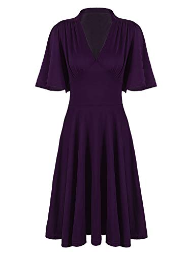 Vijiv Womens Vintage 1920s V Neck Rockabilly Swing Evening Party Cocktail Dress with Sleeves