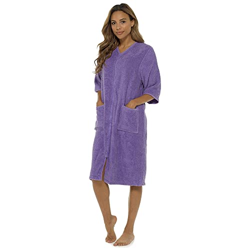 Thingimijigs Albornoz para mujer, 100% algodón, con cremallera, para casa, Lila, S