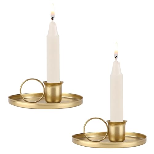 Opiniones de Candeleros los mejores 5. 41 Beufee Portavelas cónico de Metal de 2 uds, portavelas para candelabros, portavelas cónicos de Hierro Retro con asa, portavelas de Emergencia(Oro)
