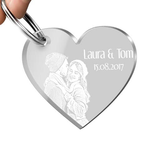 CHRISCK design Herz Schlüsselanhänger mit Foto Gravur aus Acryl Glas - Gravierter Anhänger mit Bild als persönliches Partner Geschenk Valentinstag - Geschenkidee Freund Freundin Paar Familie