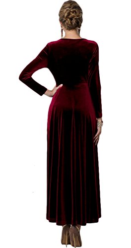 Urban CoCo Women Long Sleeve V-Neck Velvet Stretchy Long Dress (Medium, Wine Red)