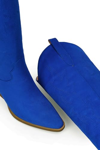 Image of iiimmu Cowgirl Boots Women Knee High Boots Pointed Toe and Block Heel Cowboy Suede and Faux Leather Boots with Embroidered