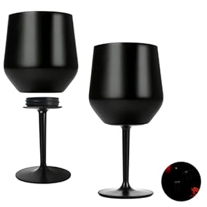 Weinkelch mit Abnehmbarem Stiel und Ohne Stiel, 14oz/420 ml Weinglas aus Edelstahl, Tragbarer Lsolierbecher, Unzerbrechliche, Bruchsichere Rotweingläser für Outdoor, Reisen, Pool, Schwarz, 2 Stück