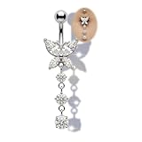 AceFun Dangly - Piercing para ombligo chapado en plata de ley 925, 14G, 6mm, 8mm, 10mm, 12mm, 14mm, joyería para ombligo, joyería colgante de mariposa triple circonita cúbica larga para mujer, joyería