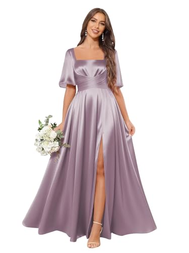 Satin Bridesmaid Dresses for Women with Pockets Short Sleeve Ruched Formal Evening Gowns