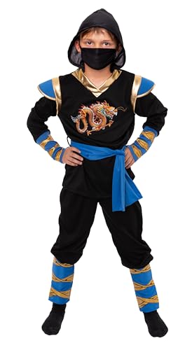Magicoo goldener Drache Ninja Kostüm Kinder Jungen blau schwarz gold Gr 104 bis 146 - Fasching Kinder Ninja Kostüm für Kind (116-122)