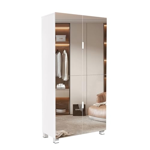 Organizedlife Shoe Storage Cabinet with 4 Mirror Doors, 8 Height