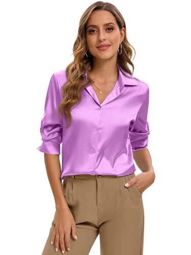 Image of Premium Soft Breathable Stretch Satin Silk Button Down Shirts for Women Long Sleeve Leopard Blouses Work Dress Tops