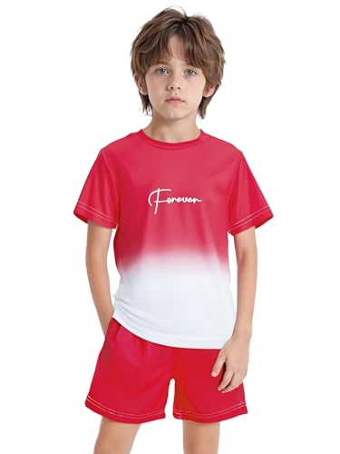 Linjinx Kids Boys Gradient Sports Jersey Football Basketball Athletic Tracksuit Short Sleeve T-Shirt and Shorts Set Red 11-12 Years